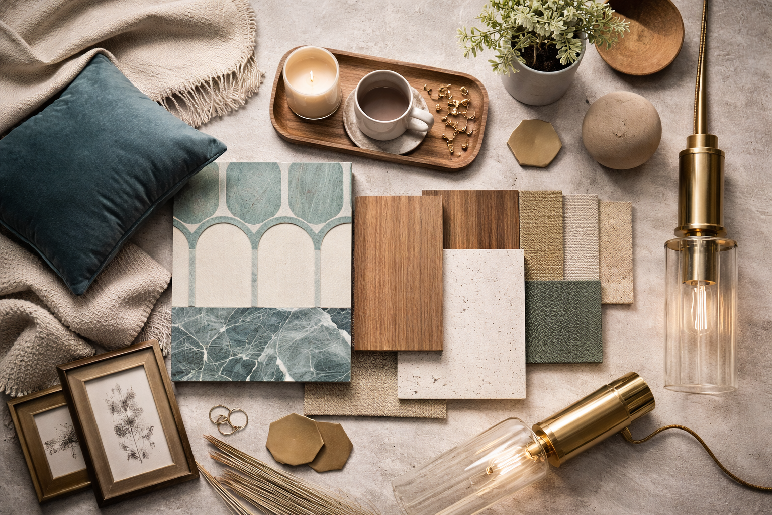 Materiales naturales, textiles azules y olivo, madera y detalles en latón